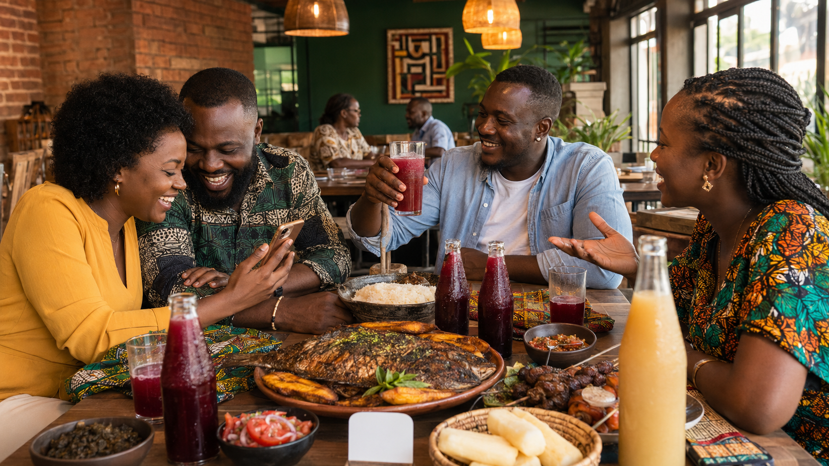 Groupe d'amis camerounais partageant un déjeuner convivial autour d'un plateau de poisson braisé et de plats locaux