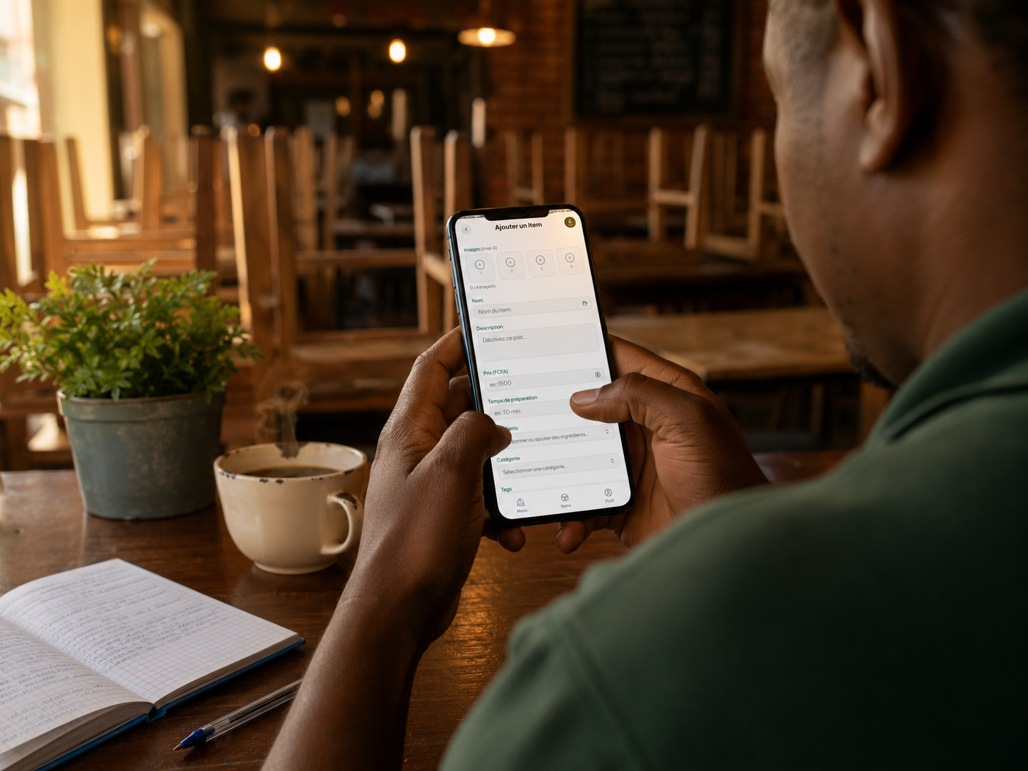 Restaurateur camerounais créant son menu depuis son smartphone dans son restaurant au petit matin