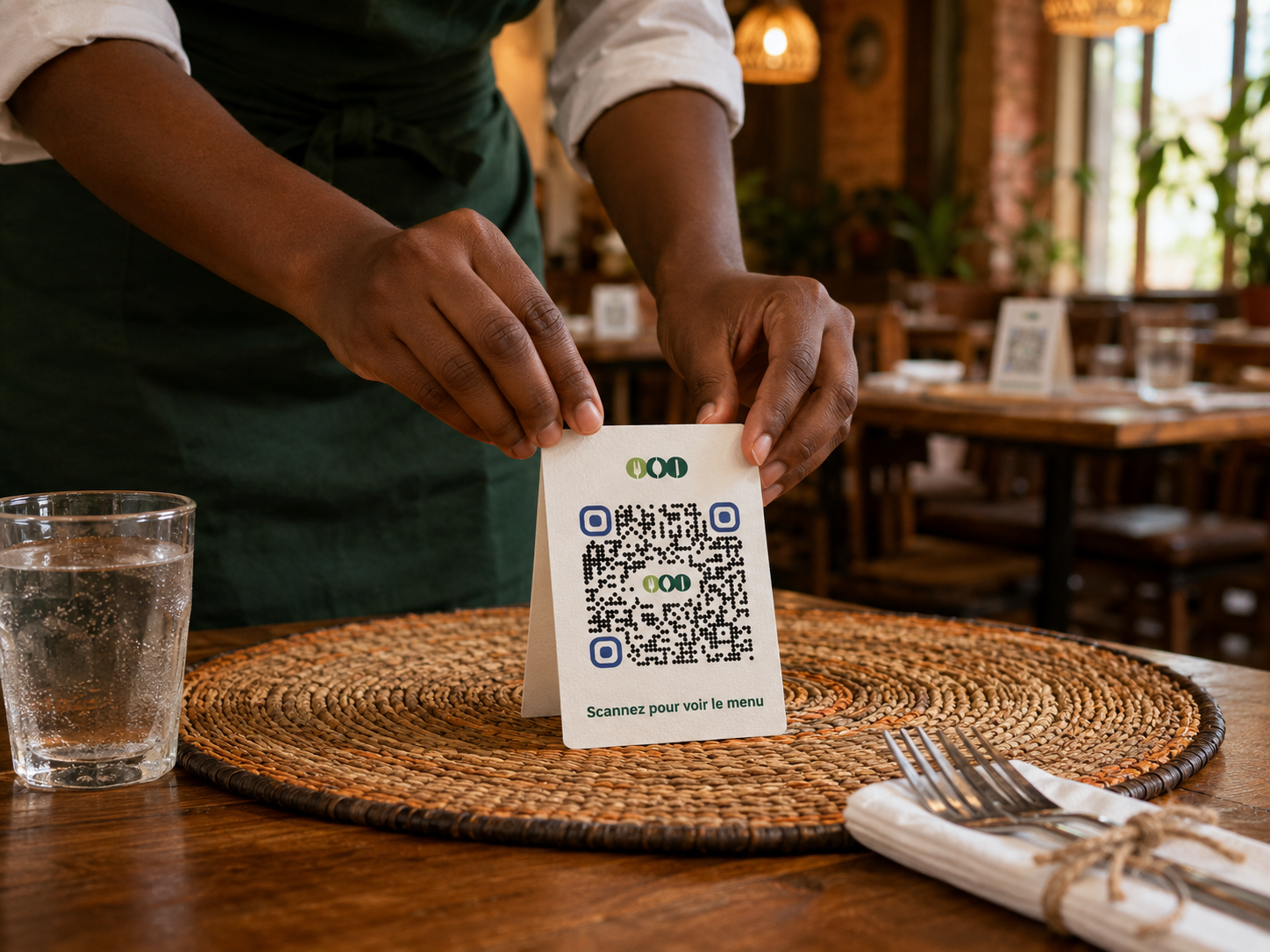 Serveuse en tablier vert posant un chevalet QR Daily Menu sur une table de restaurant