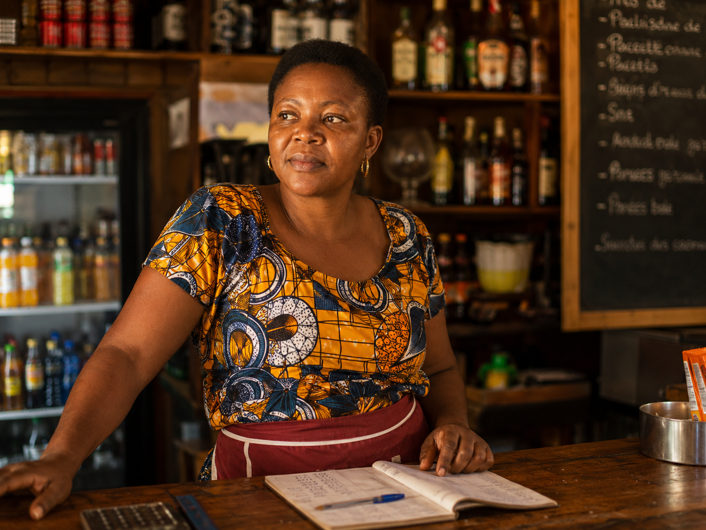 Gérante camerounaise pensive derrière son comptoir avec un cahier