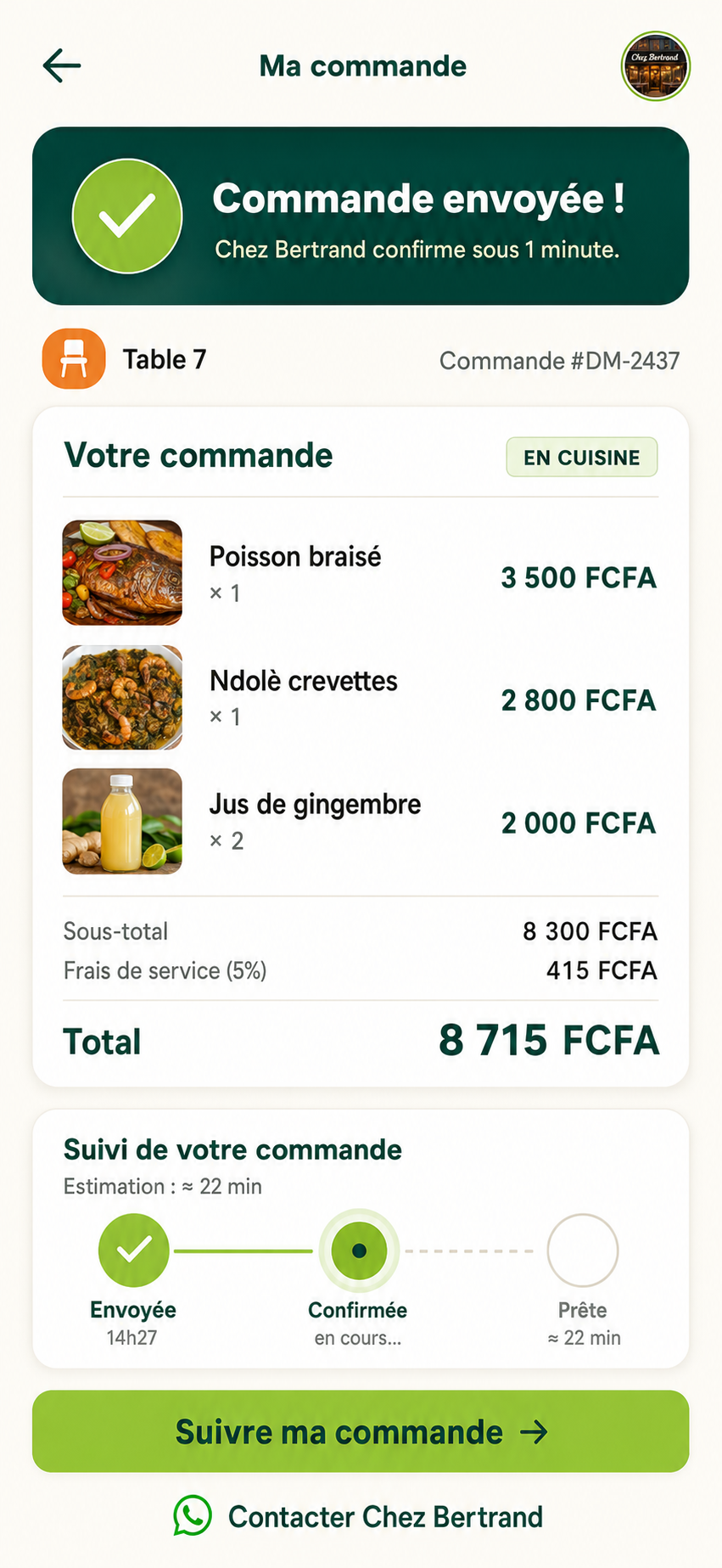 Écran de suivi de commande Daily Menu avec récapitulatif et étapes de préparation