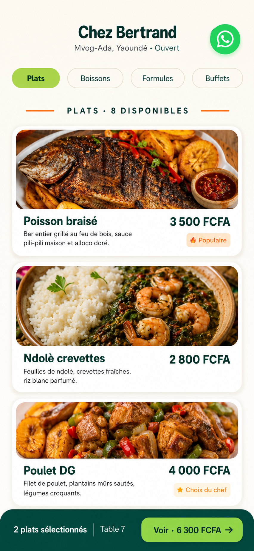 Aperçu du menu client de Daily Menu affichant les plats et prix en FCFA sur mobile